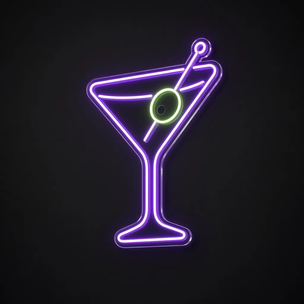 Néon LED Martini Glass violet et vert, sur plaque en acrylique transparent découpée à la forme
