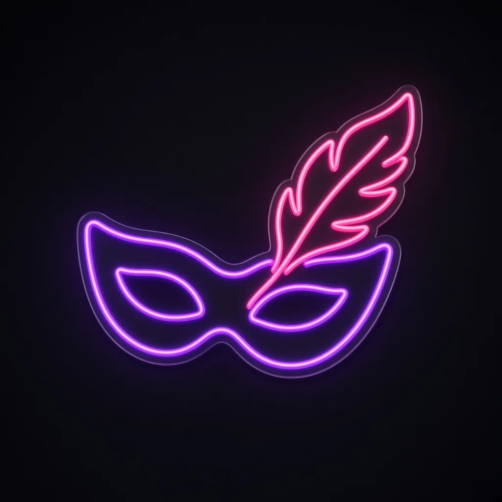 Neon LED Masquerade Mask, fioletowy i różowy, na przezroczystej płycie akrylowej wyciętej po obrysie