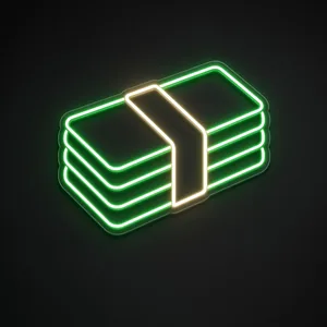 Money Stack LED neon sign in green and warm white on a clear cut-to-shape acrylic backboard