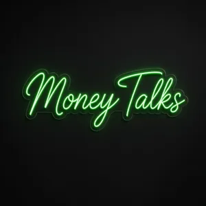 Néon LED Money Talks em verde sobre placa de acrílico transparente recortada