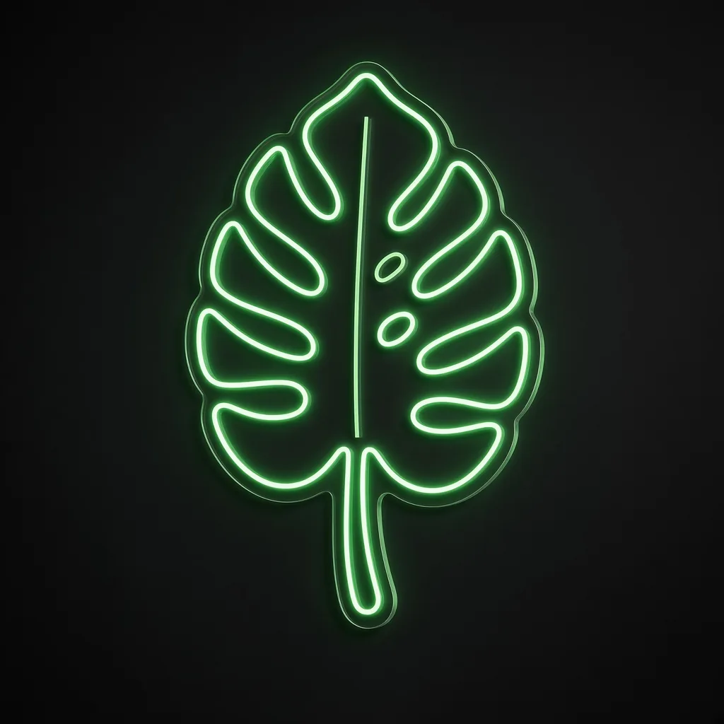 Néon LED Monstera Leaf vert, sur plaque en acrylique transparent découpée à la forme