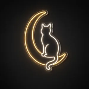 Neon LED Moon Cat giallo caldo e bianco caldo su pannello in plexiglass trasparente sagomato