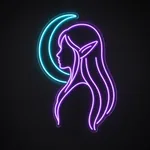Neon LED Moon Elf viola e turchese su pannello in plexiglass trasparente sagomato