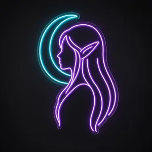 Neon LED Moon Elf viola e turchese su pannello in plexiglass trasparente sagomato