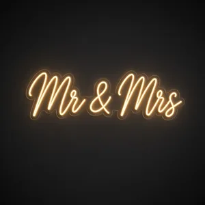 Néon LED Mr & Mrs em branco quente sobre placa de acrílico transparente recortada