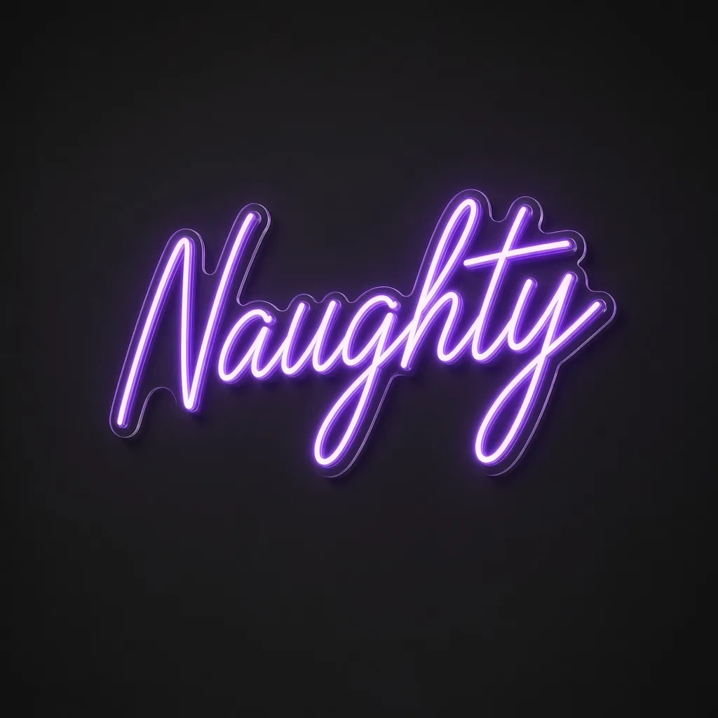 LED-neonskilt Naughty i lilla på gjennomsiktig, formskåret akrylplate