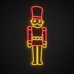 Neón LED Nutcracker en rojo y amarillo cálido sobre placa de acrílico transparente recortada a medida