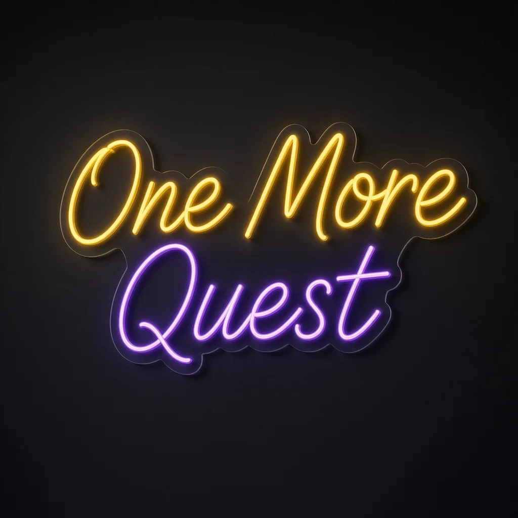 Néon LED One More Quest jaune chaud et violet, sur plaque en acrylique transparent découpée à la forme