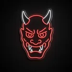 Oni Mask LED neon sign in red and cool white on a clear cut-to-shape acrylic backboard