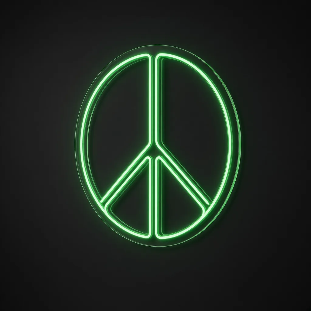 Néon LED Peace Sign vert, sur plaque en acrylique transparent découpée à la forme