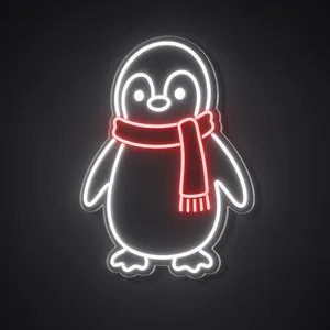 Neon LED Penguin bianco freddo e rosso su pannello in plexiglass trasparente sagomato