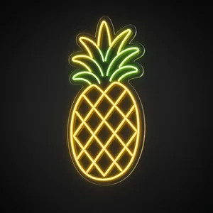 Neon LED Pineapple giallo caldo e verde su pannello in plexiglass trasparente sagomato