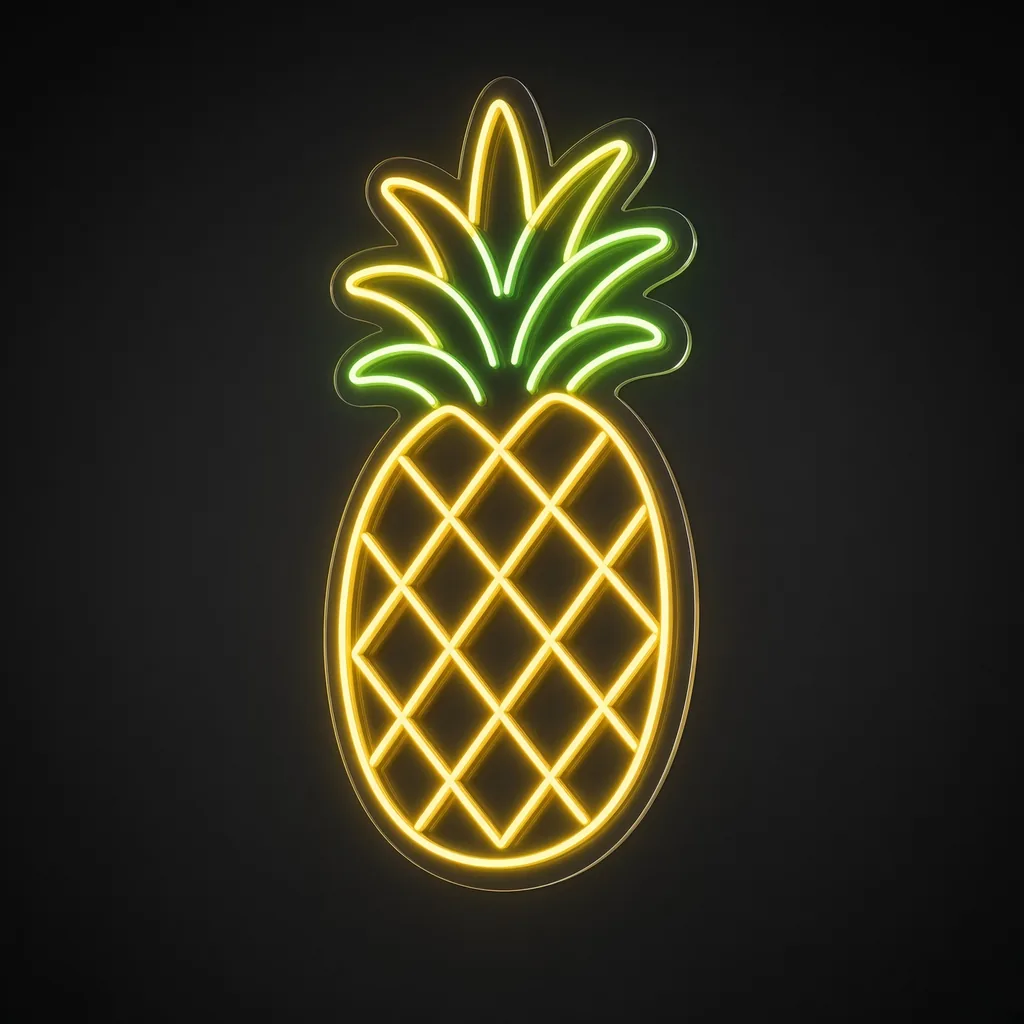 Neon LED Pineapple giallo caldo e verde su pannello in plexiglass trasparente sagomato