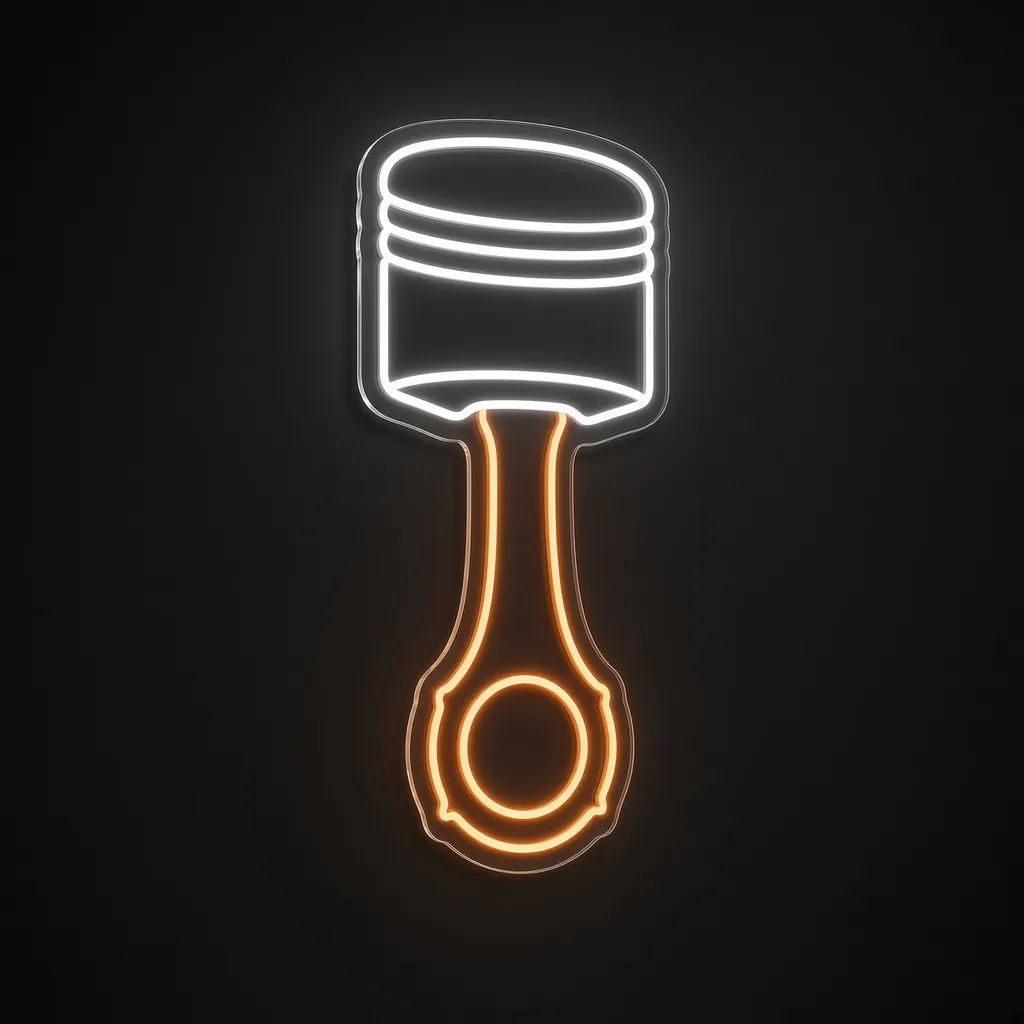 Néon LED Piston em branco frio e laranja sobre placa de acrílico transparente recortada