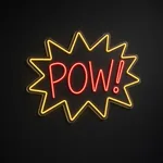 Pow LED neon sign in warm yellow and red on a clear cut-to-shape acrylic backboard
