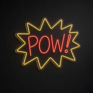 Néon LED Pow em amarelo quente e vermelho sobre placa de acrílico transparente recortada