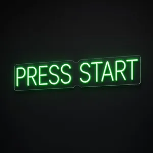 Press Start LED neon sign in green on a clear cut-to-shape acrylic backboard