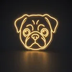 LED-neonbord Pug in warmgeel op transparante acrylplaat, op vorm gesneden