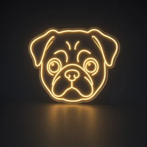 Néon LED Pug jaune chaud, sur plaque en acrylique transparent découpée à la forme