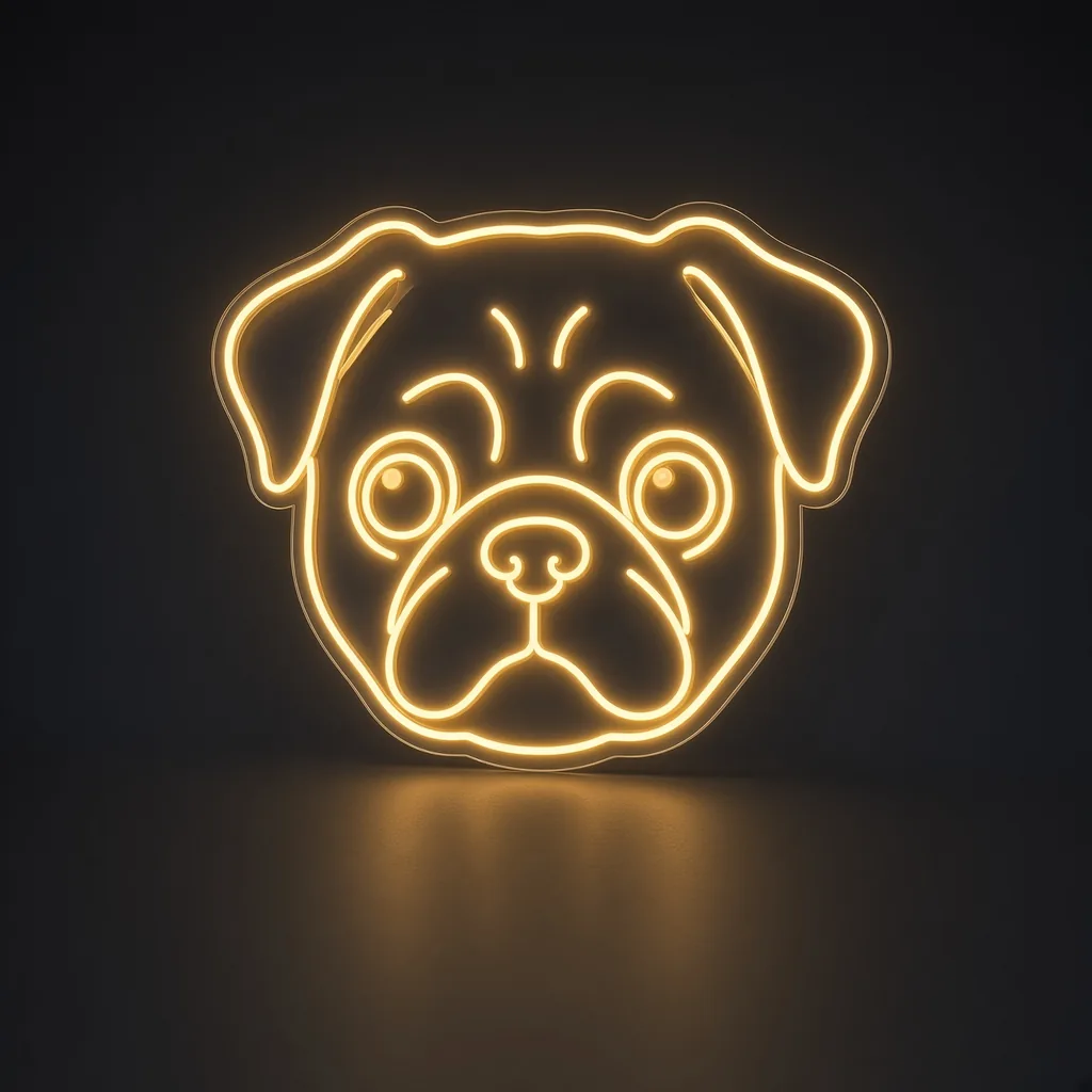 LED-neonbord Pug in warmgeel op transparante acrylplaat, op vorm gesneden