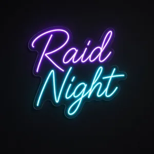 Néon LED Raid Night em violeta e turquesa sobre placa de acrílico transparente recortada