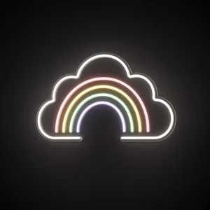 Neon LED Rainbow Cloud bianco caldo, rosa, giallo caldo, verde e viola su pannello in plexiglass trasparente sagomato