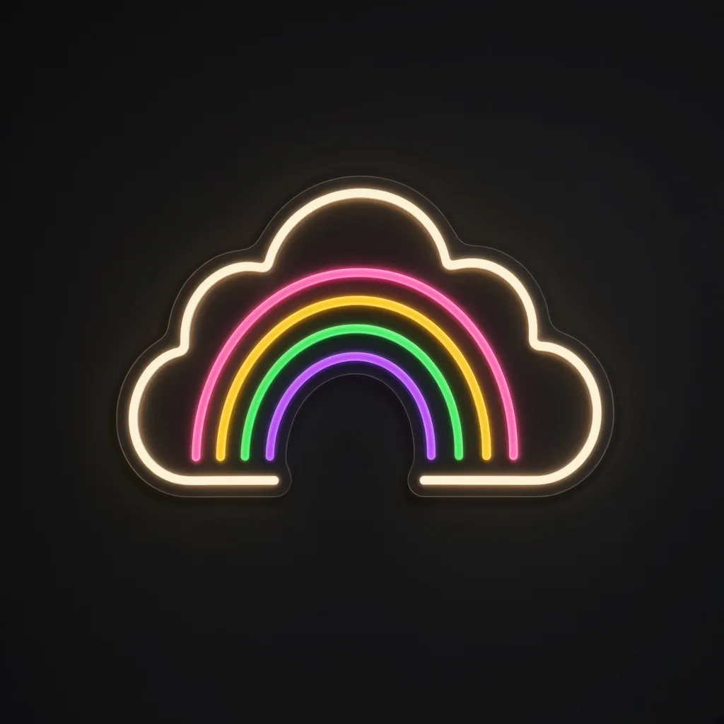 Neon LED Rainbow Cloud, kolory: ciepła biel, różowy, ciepły żółty, zielony i fioletowy, na przezroczystej płycie akrylowej wyciętej po konturze