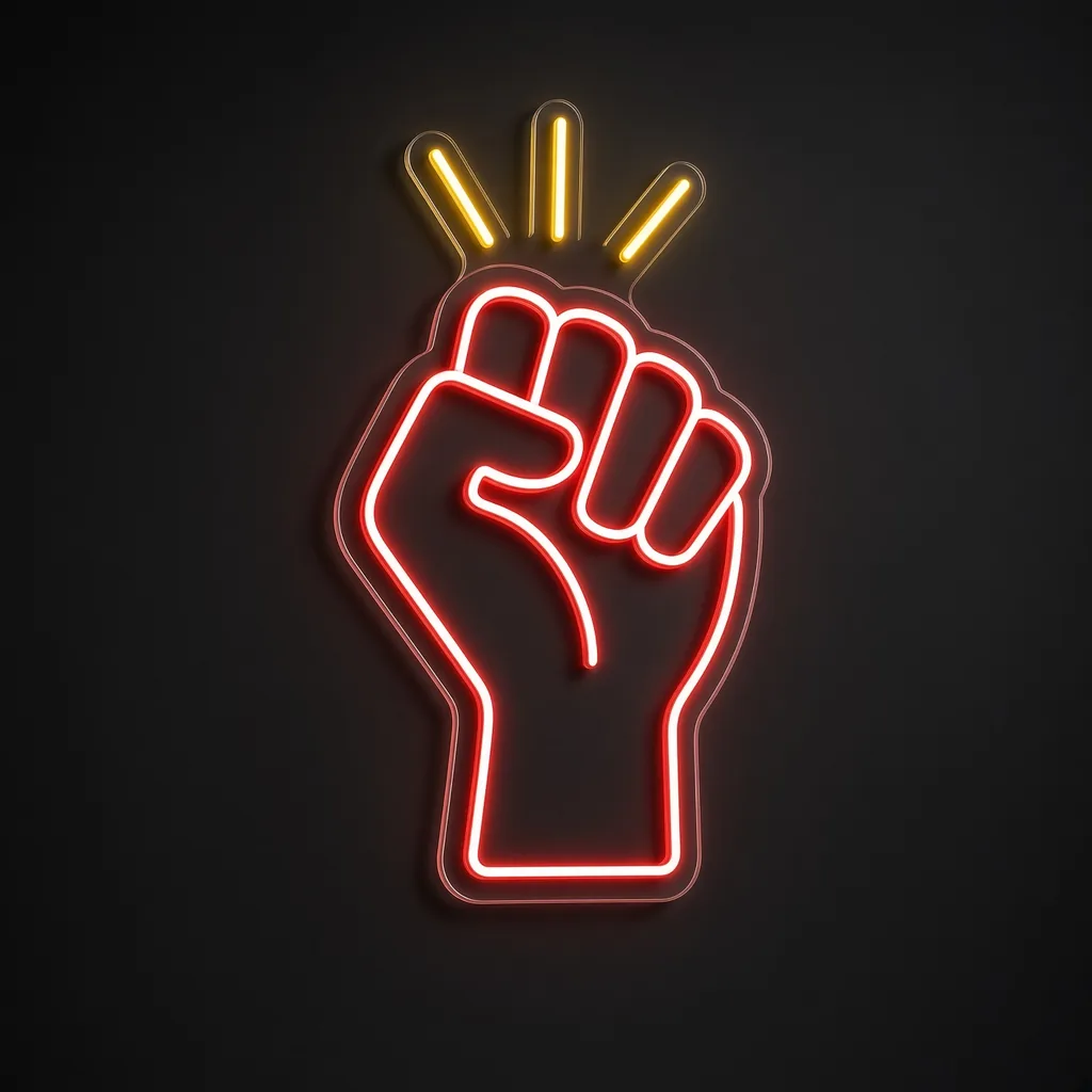 Néon LED Raised Fist rouge et jaune chaud, sur plaque en acrylique transparent découpée à la forme