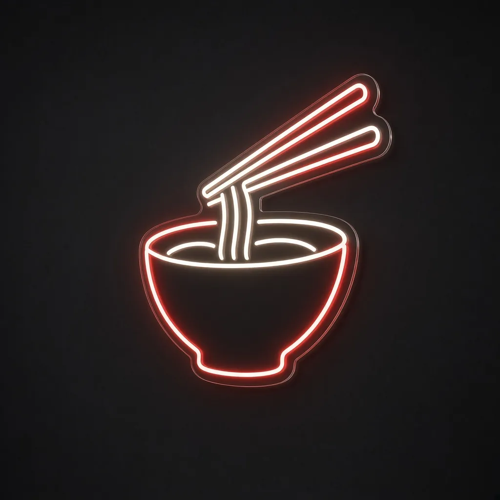 Néon LED Ramen Bowl rouge et blanc chaud, sur plaque en acrylique transparent découpée à la forme