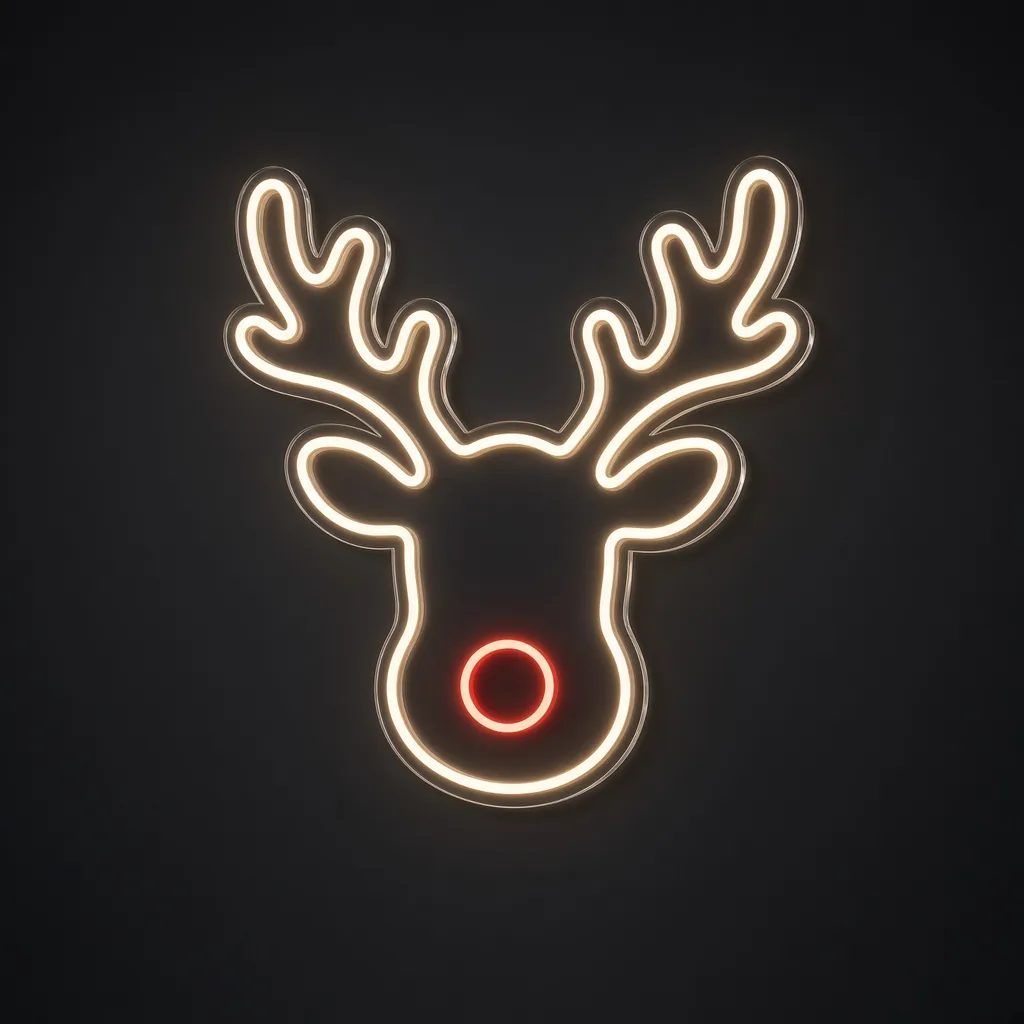 Reindeer LED neon sign in warm white and red on a clear cut-to-shape acrylic backboard