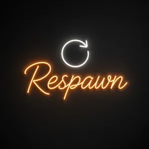 Néon LED Respawn em laranja e branco frio sobre placa de acrílico transparente recortada