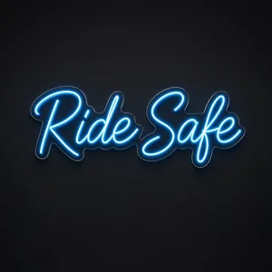 Néon LED Ride Safe bleu neon, sur plaque en acrylique transparent découpée à la forme