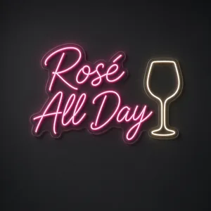 Neon LED Rosé All Day rosa e bianco caldo su pannello in plexiglass trasparente sagomato