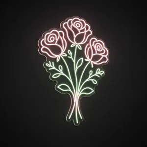 Neon LED Rose Bouquet rosa e verde su pannello in plexiglass trasparente sagomato