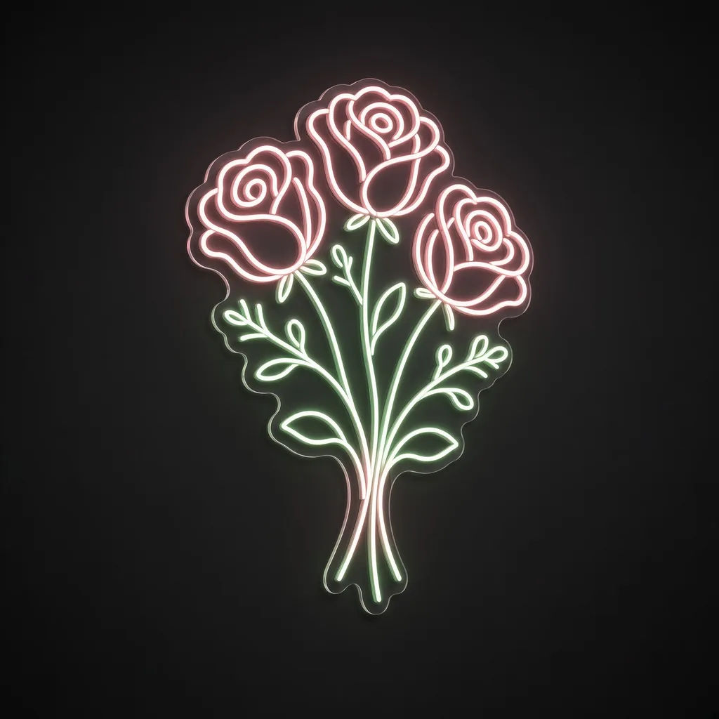 Néon LED Rose Bouquet em rosa e verde sobre placa de acrílico transparente recortada