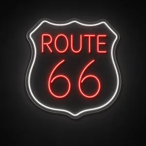 Neon LED Route 66 bianco freddo e rosso su pannello in plexiglass trasparente sagomato