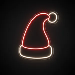 Neon LED Santa Hat rosso e bianco caldo su pannello in plexiglass trasparente sagomato