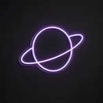 Neon LED Saturn viola su pannello in plexiglass trasparente sagomato