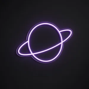 Neón LED Saturn en violeta sobre placa de acrílico transparente recortada a medida