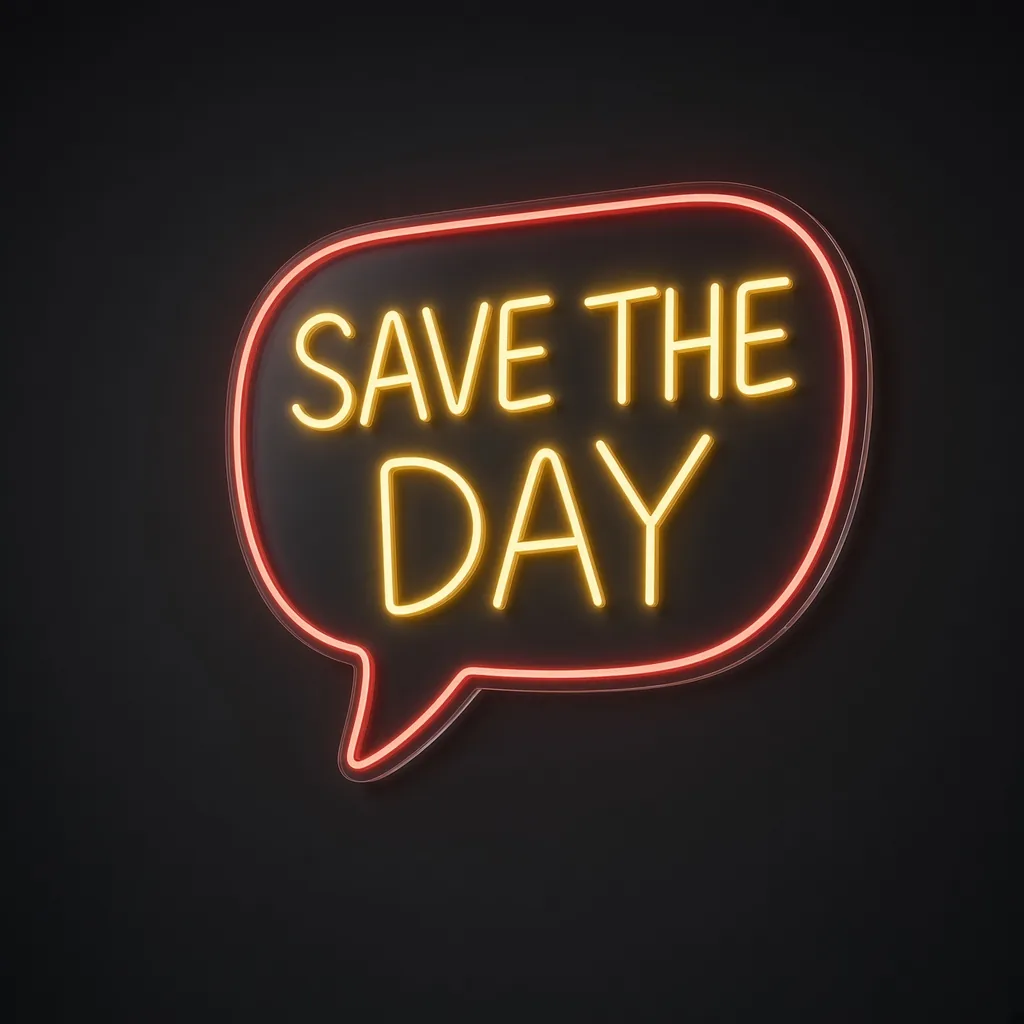 LED-neonbord Save the Day in warmgeel en rood op transparante acrylplaat, op vorm gesneden