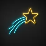 Neon LED Shooting Star giallo caldo e turchese su pannello in plexiglass trasparente sagomato