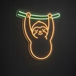 Néon LED Sleepy Sloth em laranja e verde sobre placa de acrílico transparente recortada