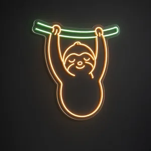 Neon LED Sleepy Sloth arancione e verde su pannello in plexiglass trasparente sagomato
