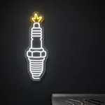 Spark Plug LED neon sign switched on in a real interior