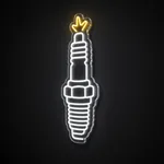 Spark Plug LED neon sign in cool white and warm yellow on a clear cut-to-shape acrylic backboard