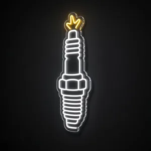 Neon LED Spark Plug bianco freddo e giallo caldo su pannello in plexiglass trasparente sagomato