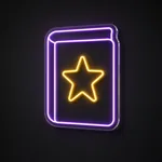 Neon LED Spell Book viola e giallo caldo su pannello in plexiglass trasparente sagomato