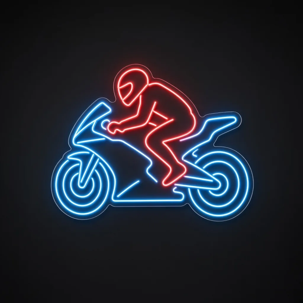 Néon LED Sport Bike bleu neon et rouge, sur plaque en acrylique transparent découpée à la forme