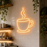 Neon LED Steaming Coffee acceso, ambientato in un interno