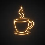 Neon LED Steaming Coffee arancione su pannello in plexiglass trasparente sagomato